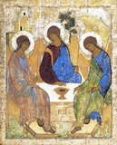 Trinity (Russian: Троица, also called 'Rublev's Trinity') is a Holy Trinity Icon, believed to have been created by Russian painter Andrei Rublev in the 15th century. It is his most famous work, as well regarded as one of the highest achievements of Russian art. Trinity depicts the three angels who visited Abraham at the oak of Mamre (see Genesis 18,1-15), but the painting is full of symbolism and often interpreted as an icon of the Holy Trinity.<br/><br/>

The original is currently held in the Tretyakov Gallery in Moscow. It was commissioned in honor of the abbot Sergius of the Troitse-Sergiyeva Lavra, near Moscow. Two copies were made (in 1598-1600 and in 1926-28), both kept in Troitse-Sergiyeva Lavra's Cathedral iconostasis.