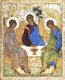 Trinity (Russian: Троица, also called 'Rublev's Trinity') is a Holy Trinity Icon, believed to have been created by Russian painter Andrei Rublev in the 15th century. It is his most famous work, as well regarded as one of the highest achievements of Russian art. Trinity depicts the three angels who visited Abraham at the oak of Mamre (see Genesis 18,1-15), but the painting is full of symbolism and often interpreted as an icon of the Holy Trinity.<br/><br/>

The original is currently held in the Tretyakov Gallery in Moscow. It was commissioned in honor of the abbot Sergius of the Troitse-Sergiyeva Lavra, near Moscow. Two copies were made (in 1598-1600 and in 1926-28), both kept in Troitse-Sergiyeva Lavra's Cathedral iconostasis.